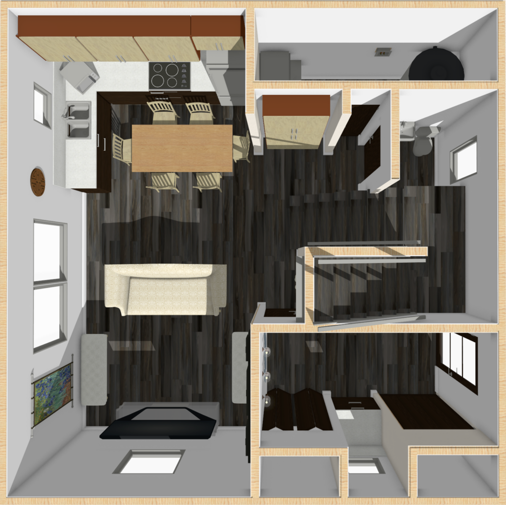 A 3D floor plan of a modern apartment featuring a kitchen with a dining table, a living area with a sofa and TV, a bathroom, and a staircase leading to another level. The flooring is dark wood, and the layout is open and spacious.